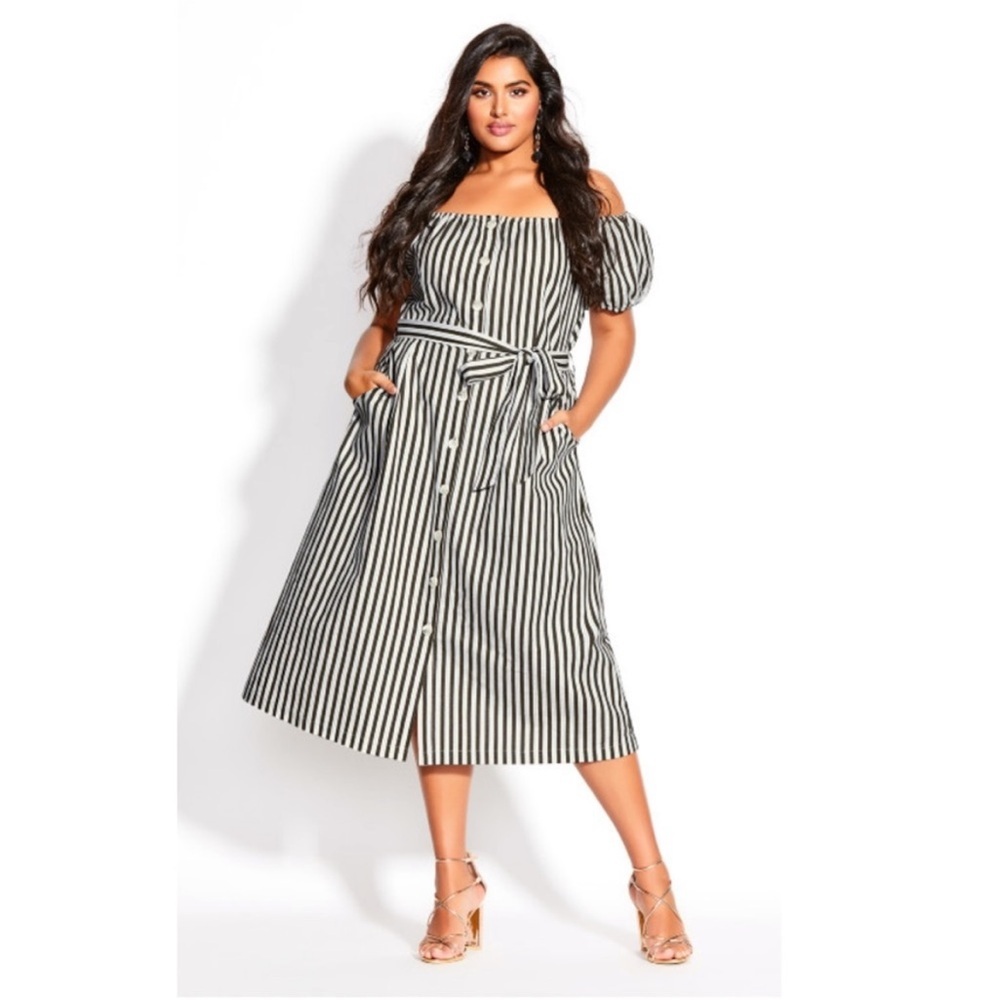 CITY CHIC Stripe Remix Linen Midi Pocket Belted Dress Size 20